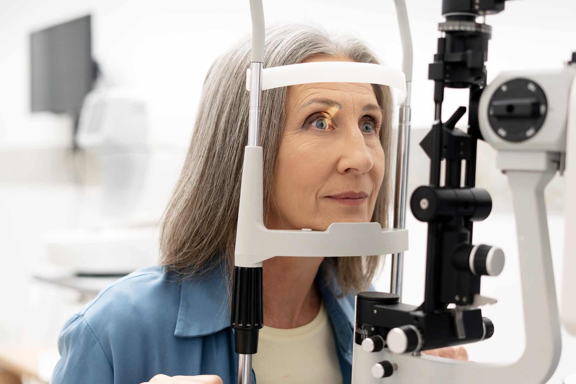 Ophthalmologist examining an older patient's eyes at a slit lamp