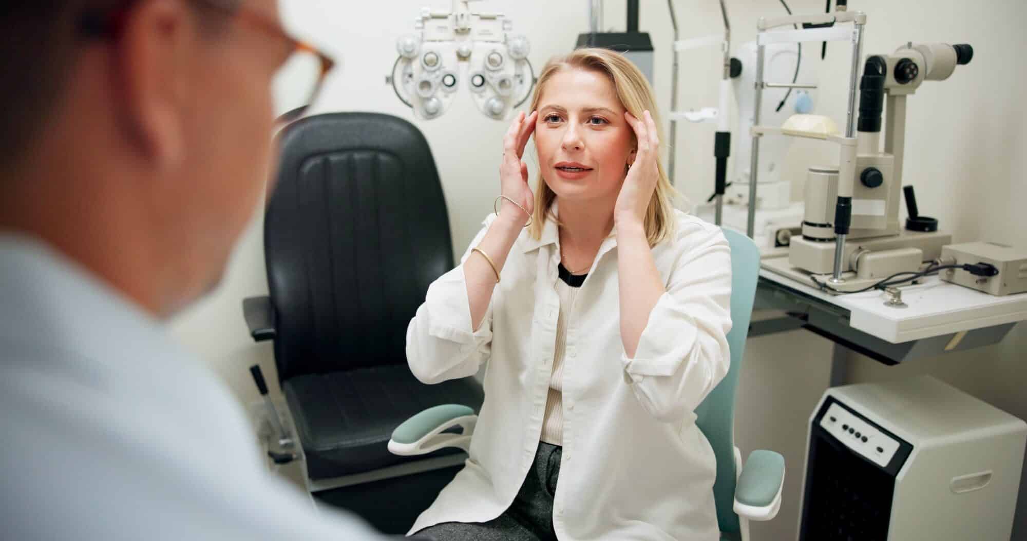 Patient undergoing a comprehensive eye exam with a phoropter